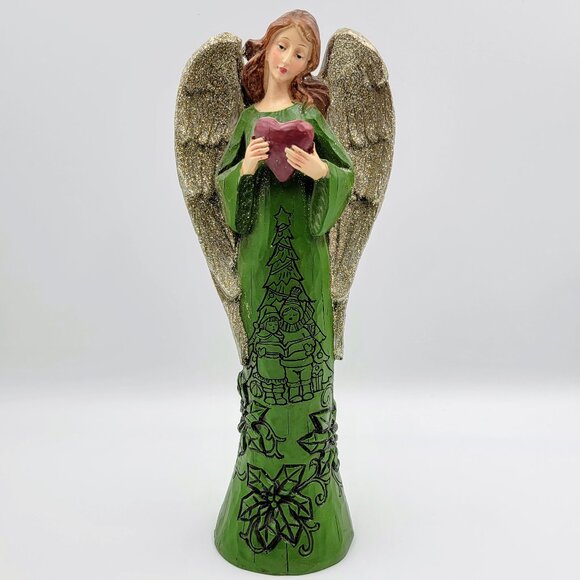 Angel Figurine Christmas Poinsettia Glitter Wings Heart Polyresin Woodcarve Tabl - Picture 1 of 10